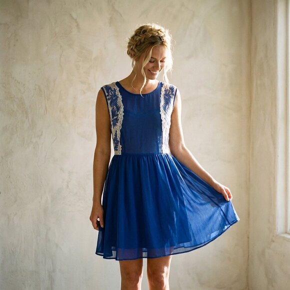 Urban Outfitters Dresses & Skirts - Urban Outfitters Pins and Needles Embroidered Royal Blue Deep V back Flowy Dress